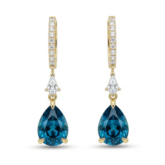 18K 4.87cttw Pear Shape Blue Zircon 0.38cttw VS White Diamonds Drop Earrings