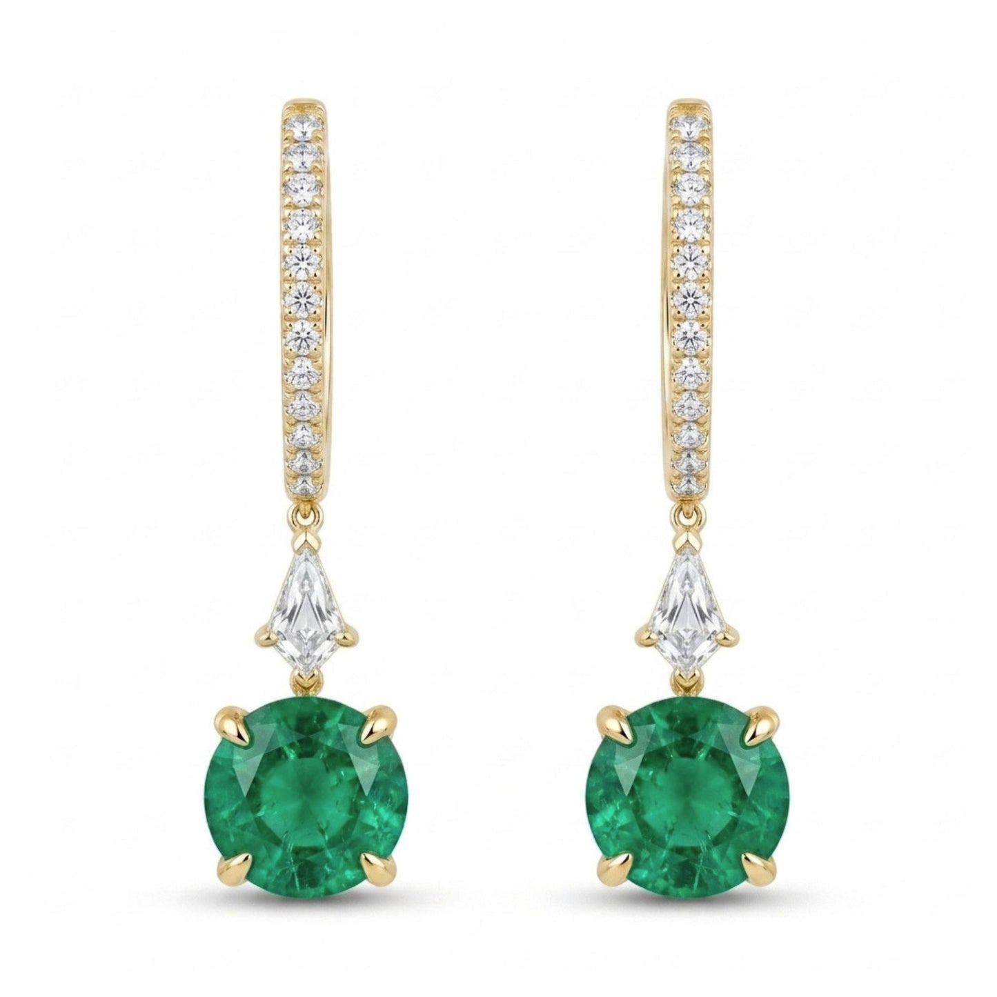 18K 1.96cttw Round Colombian Emerald 0.39cttw VS White Diamonds Drop Earrings