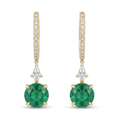 18K 1.96cttw Round Colombian Emerald 0.39cttw VS White Diamonds Drop Earrings