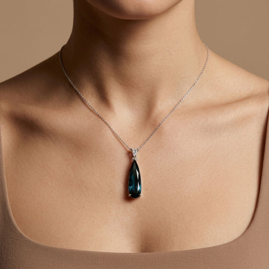 14K 4.36ct Pear Shape Indicolite 0.12ct Fancy Cut VS White Diamond Pendant