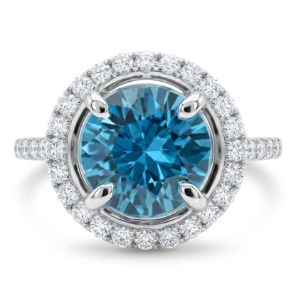 14K 2.38ct Round Blue Zircon 0.40cttw VS White Diamonds Ring