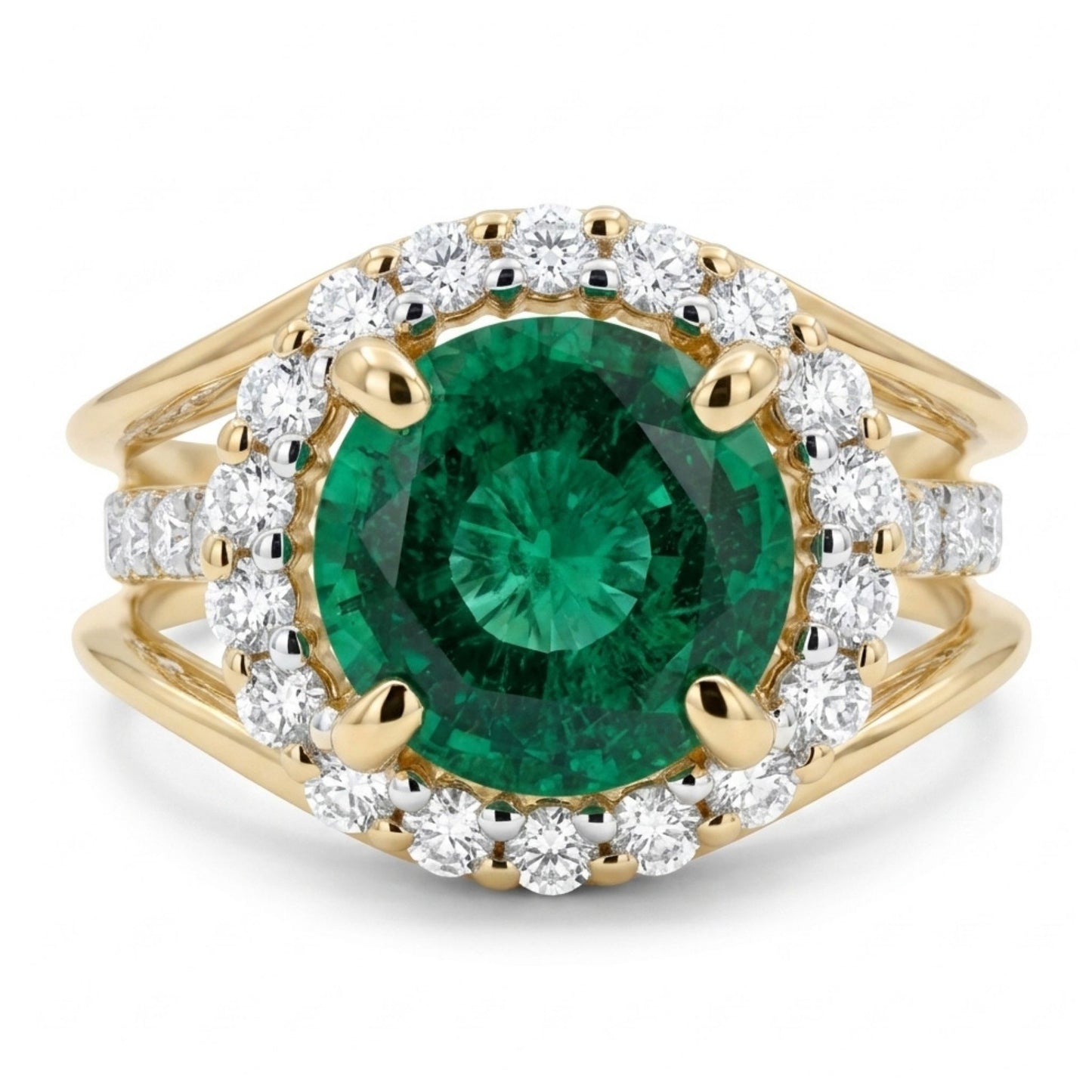 14K 1.52ct Round Colombian Emerald 0.67cttw VS White Diamonds Ring