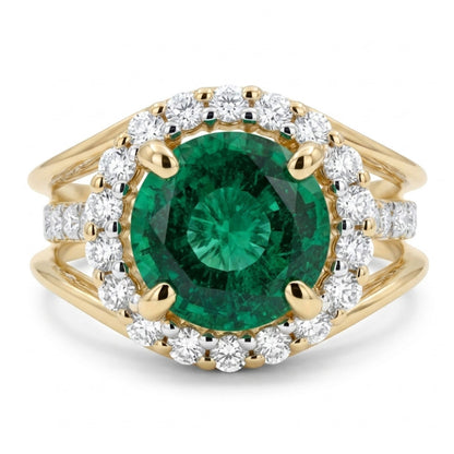 14K 1.52ct Round Colombian Emerald 0.67cttw VS White Diamonds Ring