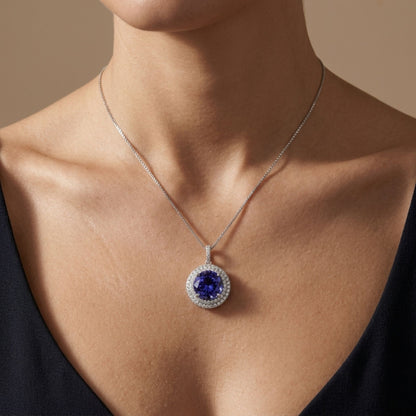 18K 7.41ct Round Blue Wing Tanzanite 0.81cttw VS White Diamonds Pendant