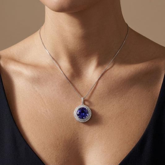18K 7.41ct Round Blue Wing Tanzanite 0.81cttw VS White Diamonds Pendant