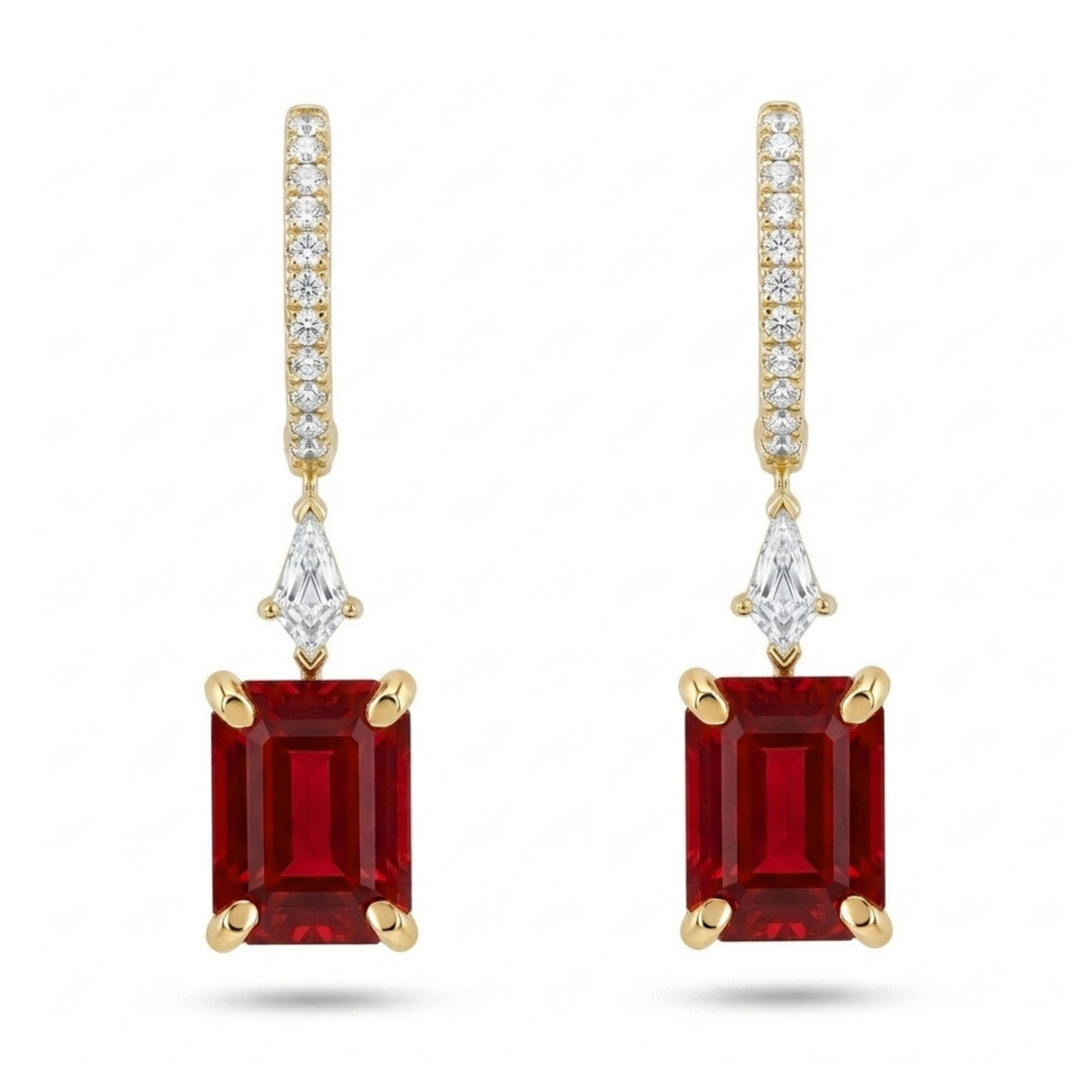 18K gold emerald cut fire opal drop earrings with VS white diamonds