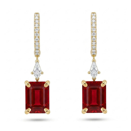 18K 1.86cttw Emerald Cut Fire Opal 0.33cttw VS White Diamonds Drop Earrings