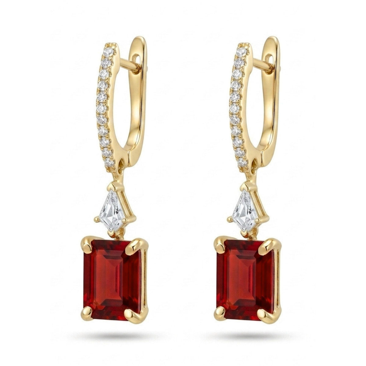 18K gold emerald cut fire opal drop earrings with VS white diamonds