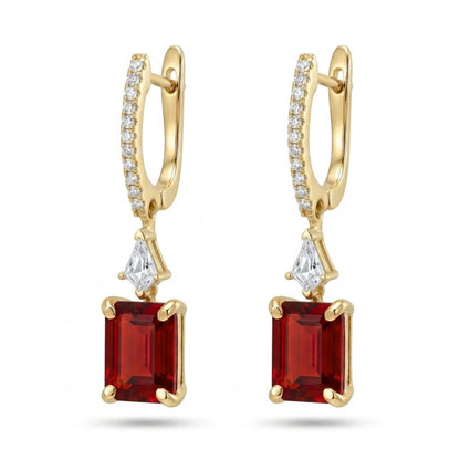 18K gold emerald cut fire opal drop earrings with VS white diamonds