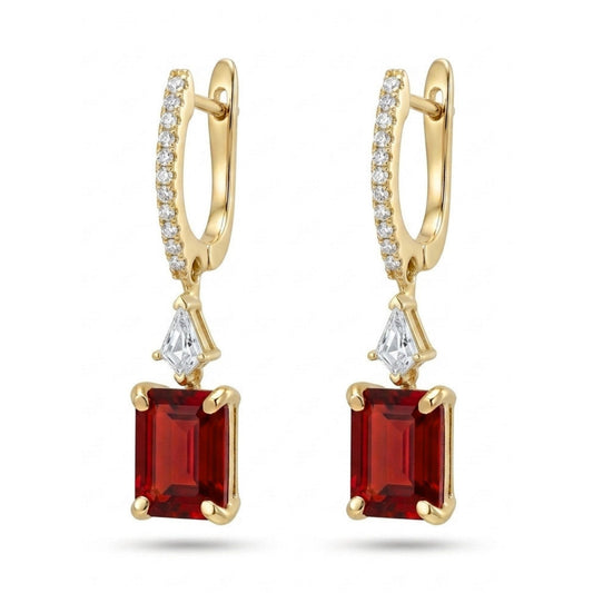 18K 1.86cttw Emerald Cut Fire Opal 0.33cttw VS White Diamonds Drop Earrings