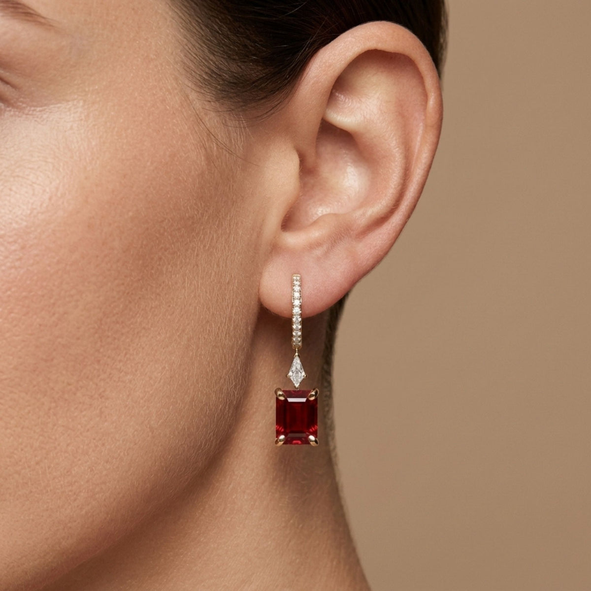 18K emerald cut fire opal drop earrings with VS white diamonds