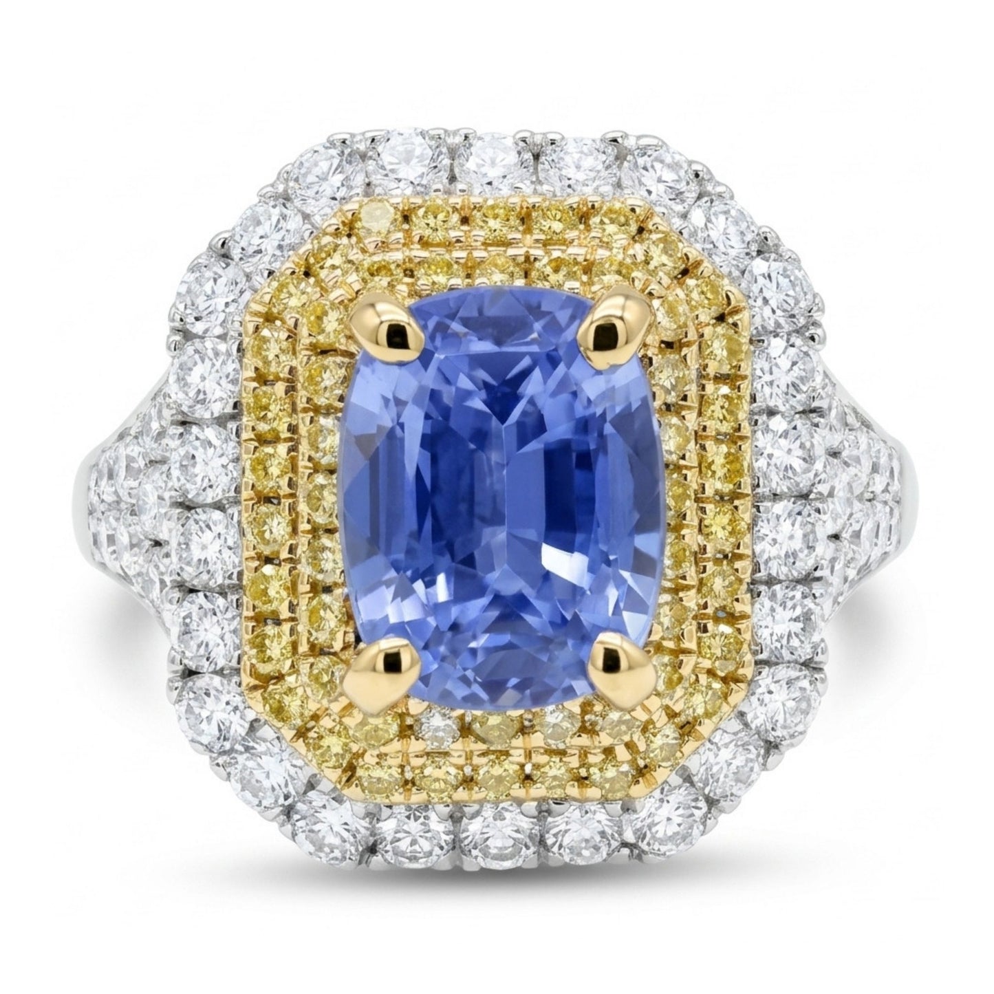 14K 2.20ct Cushion Unheated Cornflower Blue Sapphire 0.98cttw Yellow & White Diamonds Ring