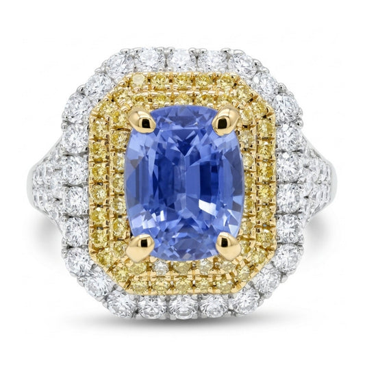14K 2.20ct Cushion Unheated Cornflower Blue Sapphire 0.98cttw Yellow & White Diamonds Ring