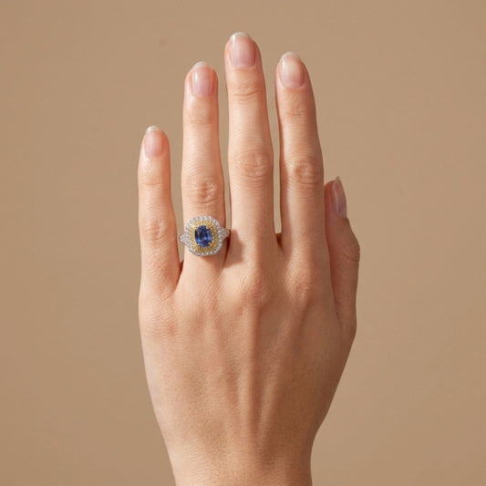 14K 2.20ct Cushion Unheated Cornflower Blue Sapphire 0.98cttw Yellow & White Diamonds Ring