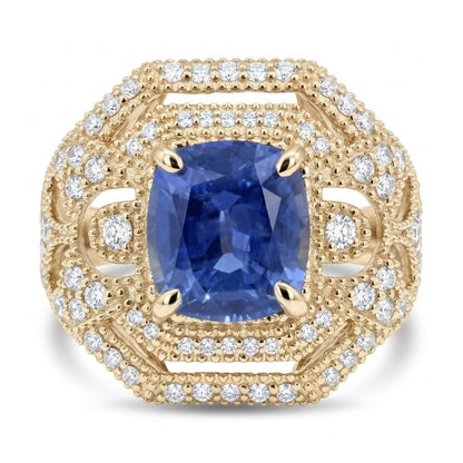 14K 2.25ct Cushion Unheated Cornflower Blue Sapphire 0.43cttw VS White Diamonds Ring