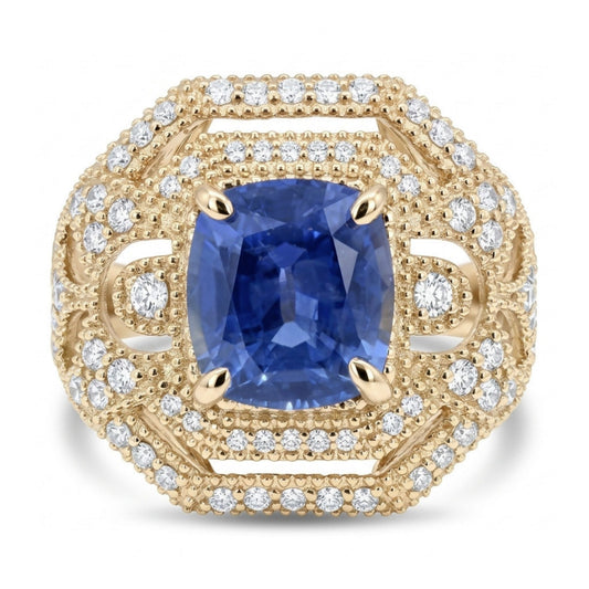 14K 2.25ct Cushion Unheated Cornflower Blue Sapphire 0.43cttw VS White Diamonds Ring