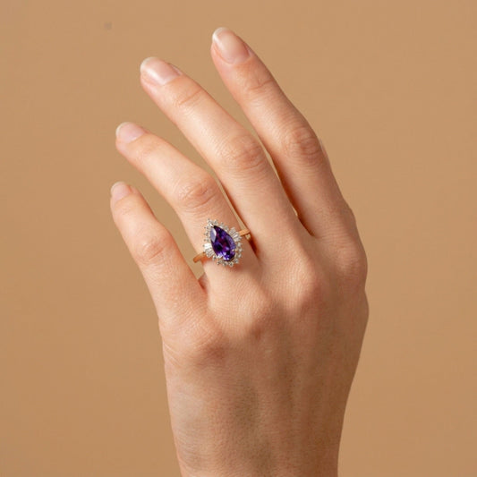 14K 2.06ct Pear Shape Unheated Purple Sapphire 0.43cttw White Diamonds Ring