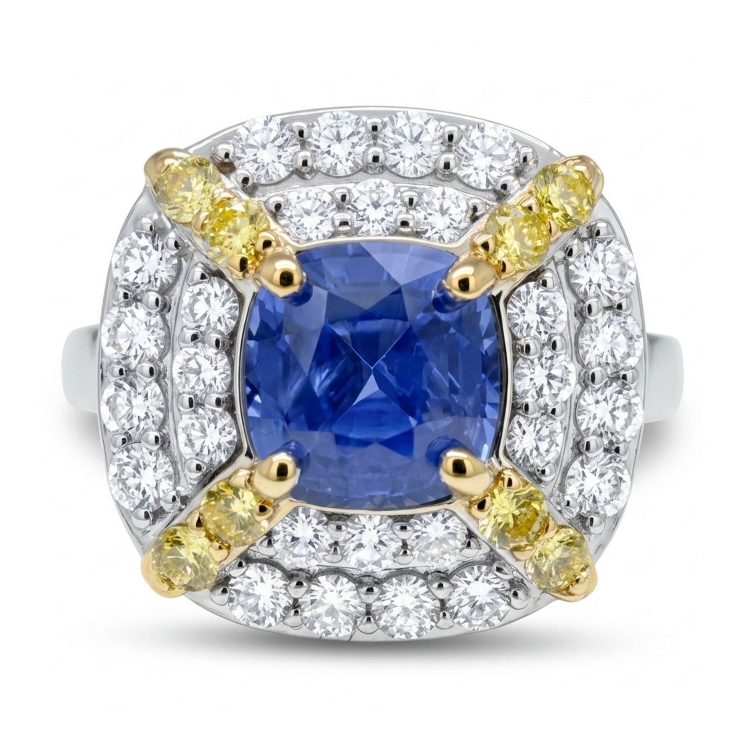 14K 1.60ct Cushion Unheated Cornflower Blue Sapphire 0.87cttw Yellow & White Diamonds Ring