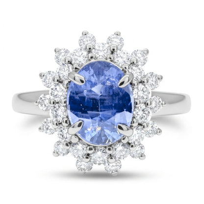 14K 1.60ct Oval Unheated Cornflower Blue Sapphire 0.58cttw VS White Diamonds Ring