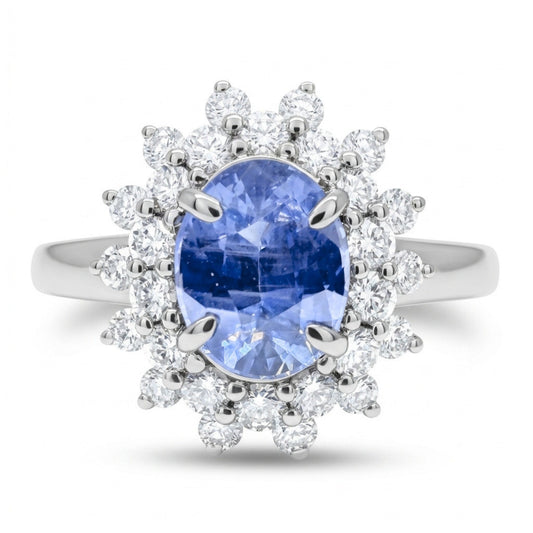 14K 1.60ct Oval Unheated Cornflower Blue Sapphire 0.58cttw VS White Diamonds Ring