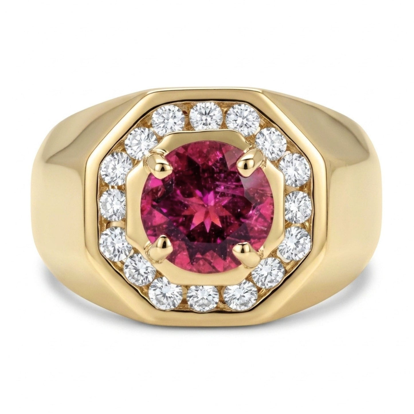 14K 1.06ct Round Rubellite 0.33cttw VS White Diamonds Men's Ring