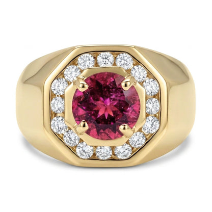 14K 1.06ct Round Rubellite 0.33cttw VS White Diamonds Men's Ring