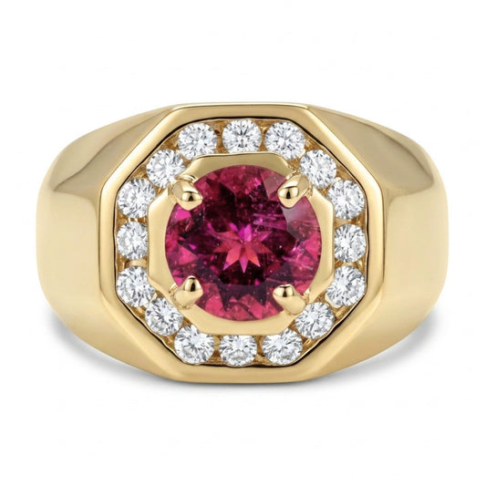 14K 1.06ct Round Rubellite 0.33cttw VS White Diamonds Men's Ring