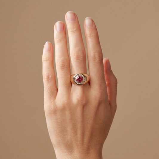 14K 1.06ct Round Rubellite 0.33cttw VS White Diamonds Men's Ring
