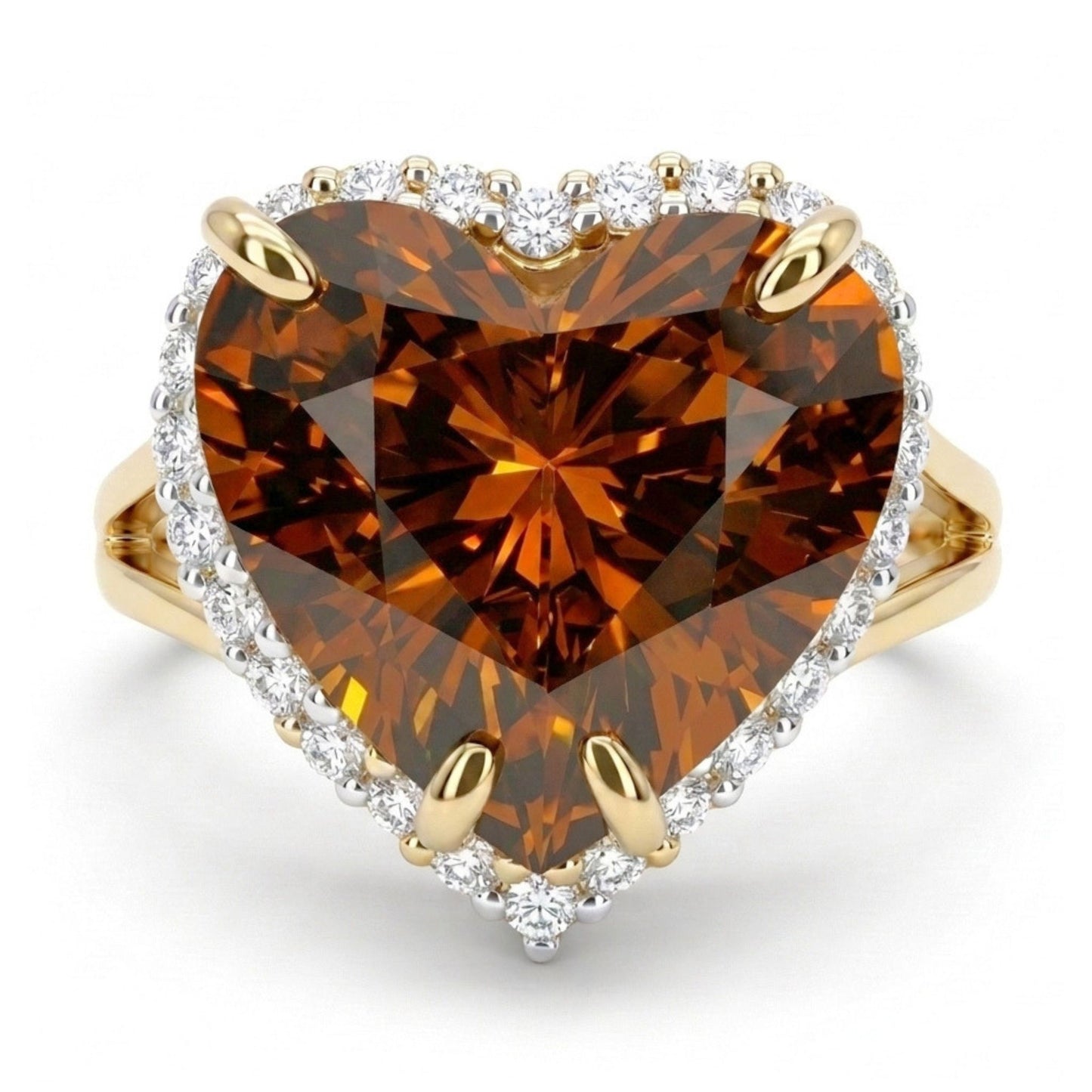 14K 6.27ct Heart Shape Cognac Zircon 0.35cttw VS White Diamonds Ring