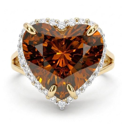 14K 6.27ct Heart Shape Cognac Zircon 0.35cttw VS White Diamonds Ring