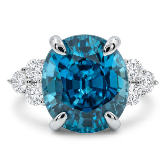 14K 5.62ct Oval Blue Zircon 0.35cttw VS White Diamonds Ring