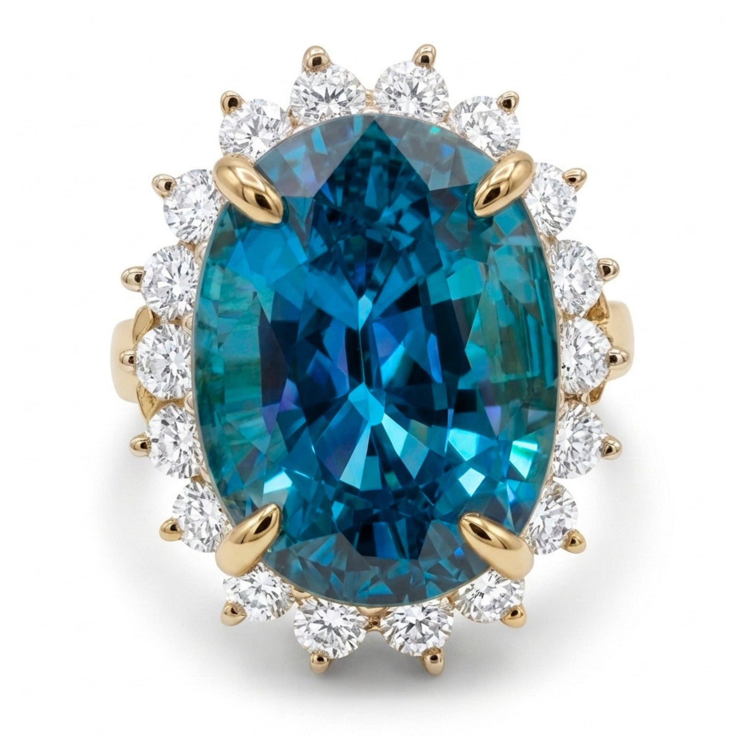 14K 9.29ct Oval Blue Zircon 0.72cttw VS White Diamonds Ring