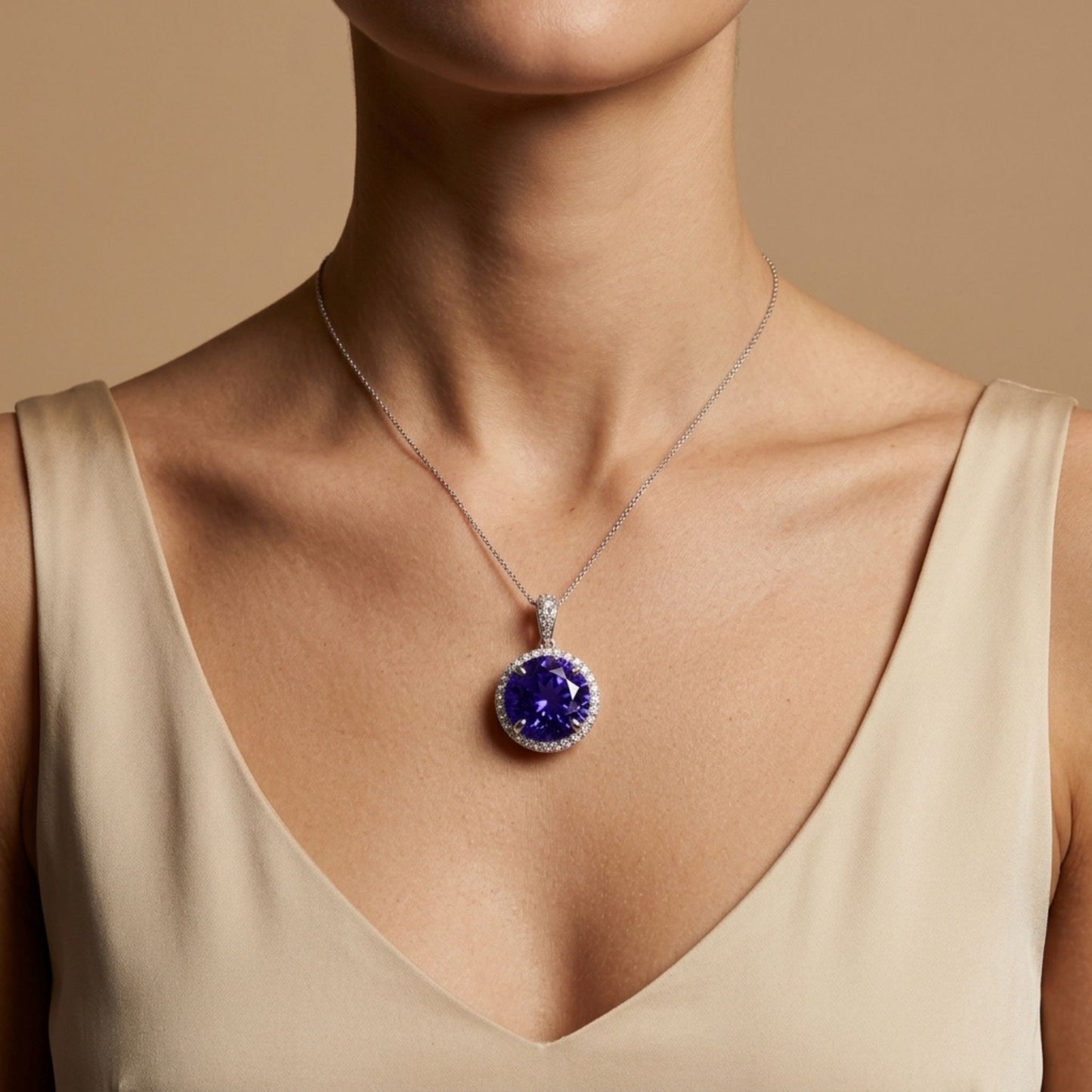 14K 19.71ct Round Blue Wing Tanzanite 1.06cttw VS White Diamonds Pendant
