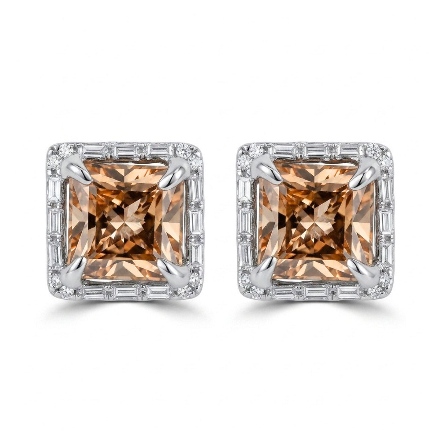 18K 2.13cttw Princess Cut Imperial Topaz 0.15cttw VS White Diamonds Stud Earrings