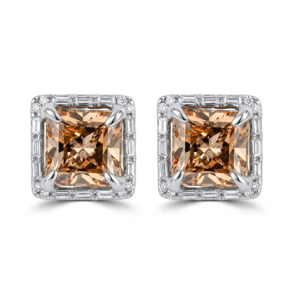 18K 2.13cttw Princess Cut Imperial Topaz 0.15cttw VS White Diamonds Stud Earrings