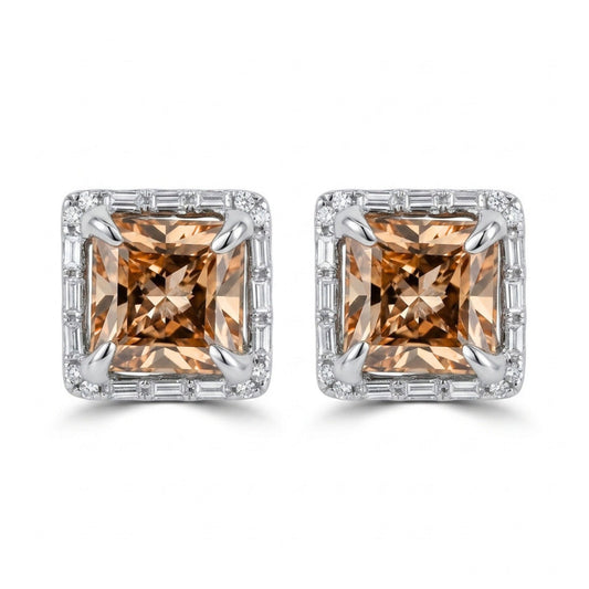 18K 2.13cttw Princess Cut Imperial Topaz 0.15cttw VS White Diamonds Stud Earrings