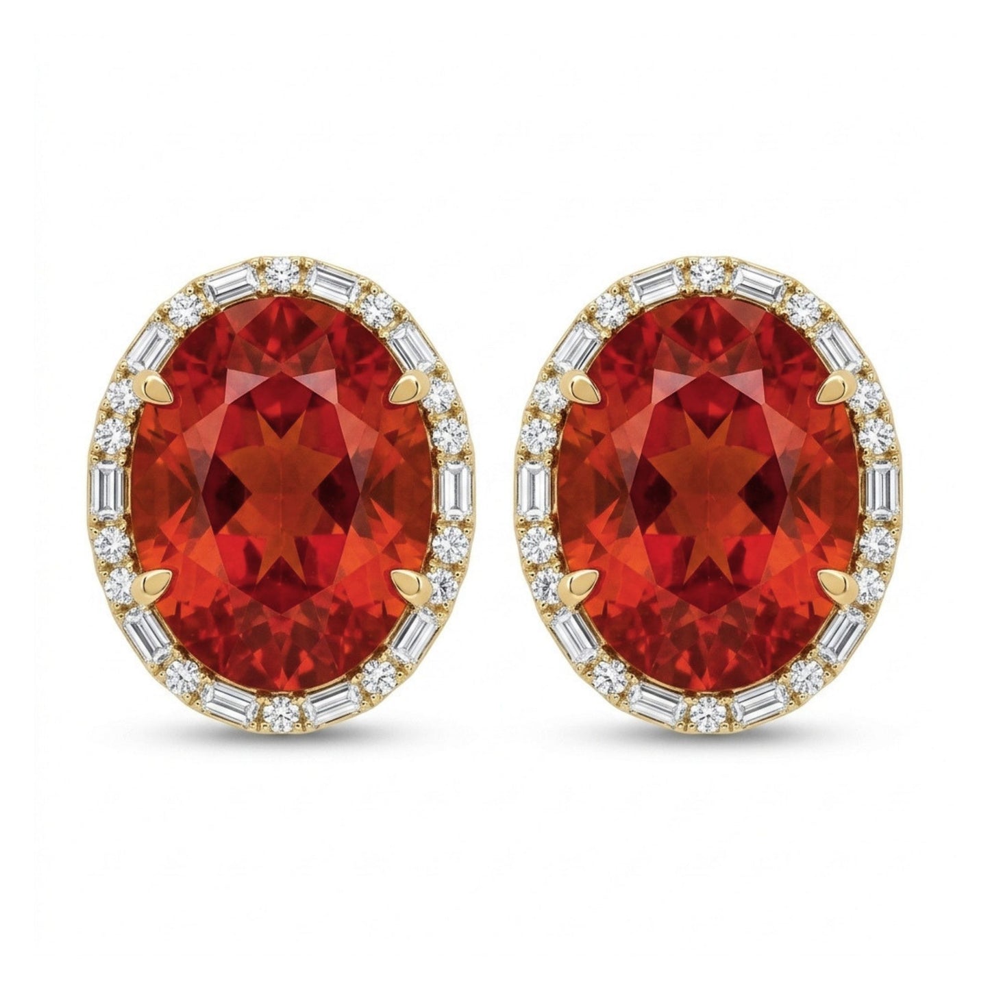 18K 3.62cttw Oval Fire Opal 0.23cttw VS White Diamonds Stud Earrings