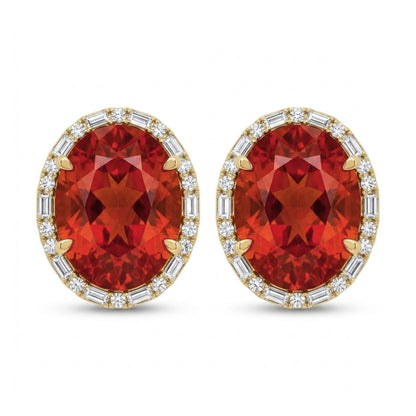 18K 3.62cttw Oval Fire Opal 0.23cttw VS White Diamonds Stud Earrings
