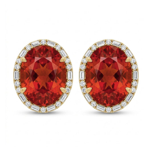 18K 3.62cttw Oval Fire Opal 0.23cttw VS White Diamonds Stud Earrings