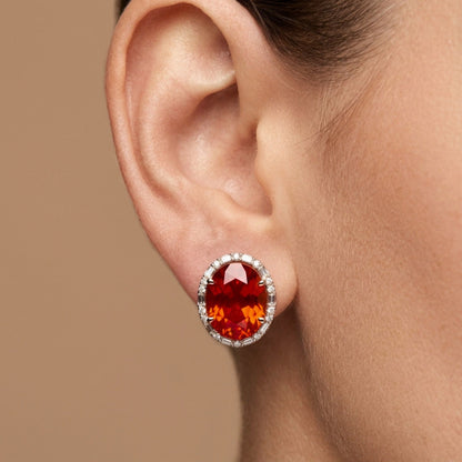 18K 3.62cttw Oval Fire Opal 0.23cttw VS White Diamonds Stud Earrings