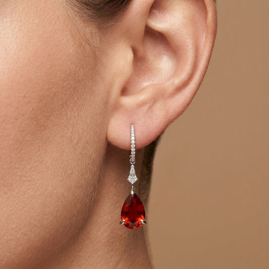 18K 3.72cttw Pear Shape Fire Opal 0.42cttw White Diamonds Drop Earrings