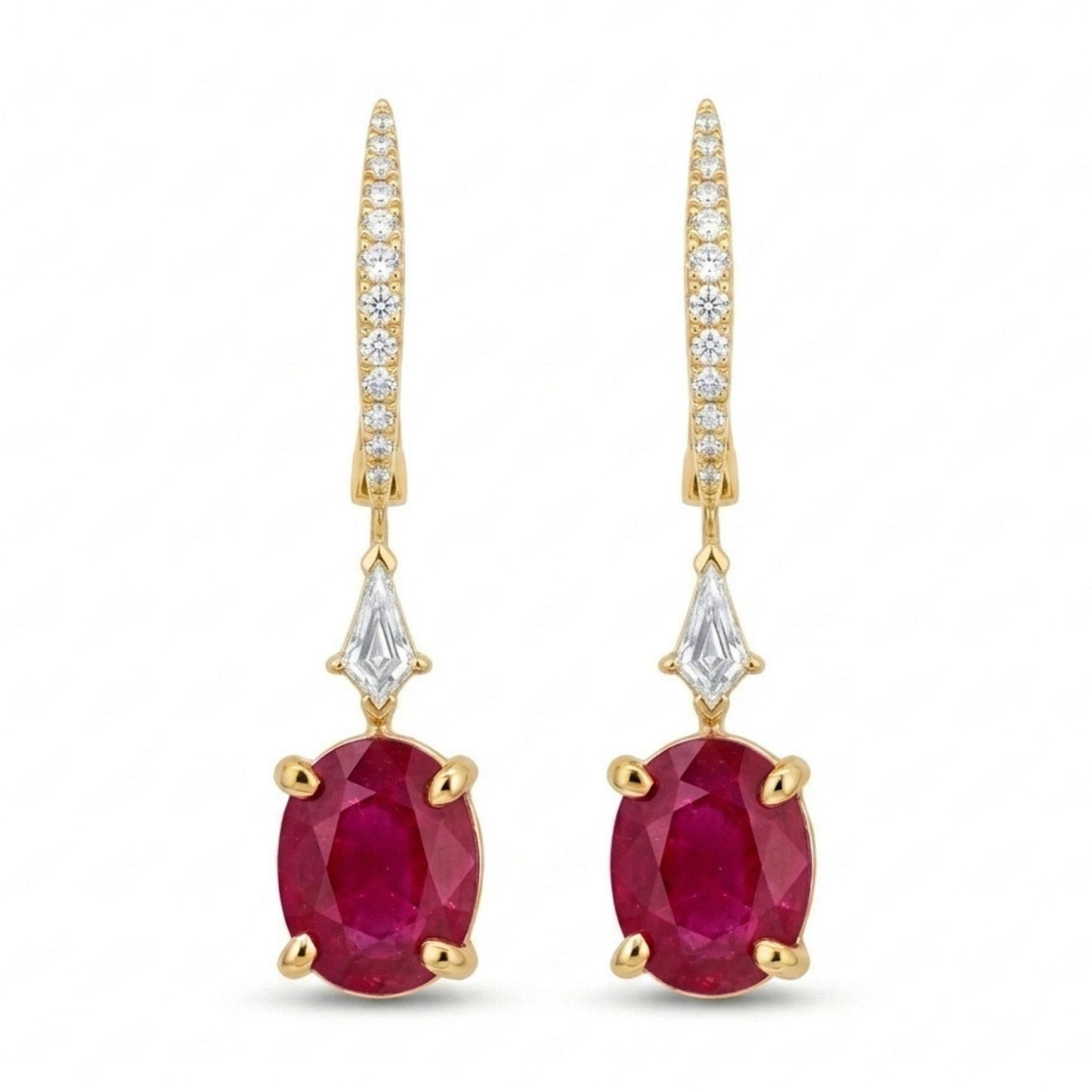 18K 3.59cttw Oval Burma Ruby 0.32cttw White Diamonds Drop Earrings