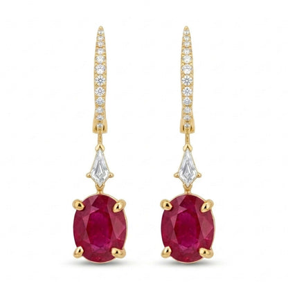 18K 3.59cttw Oval Burma Ruby 0.32cttw White Diamonds Drop Earrings