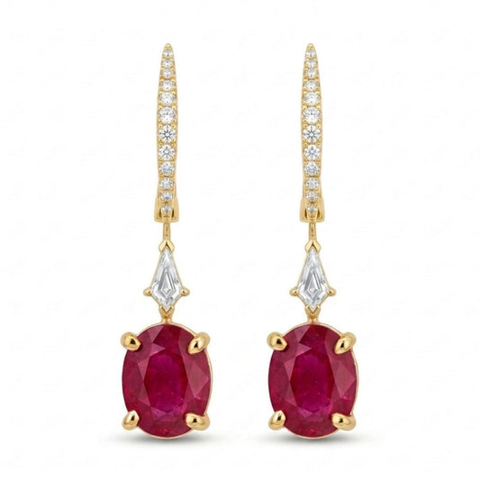 18K 3.59cttw Oval Burma Ruby 0.32cttw White Diamonds Drop Earrings