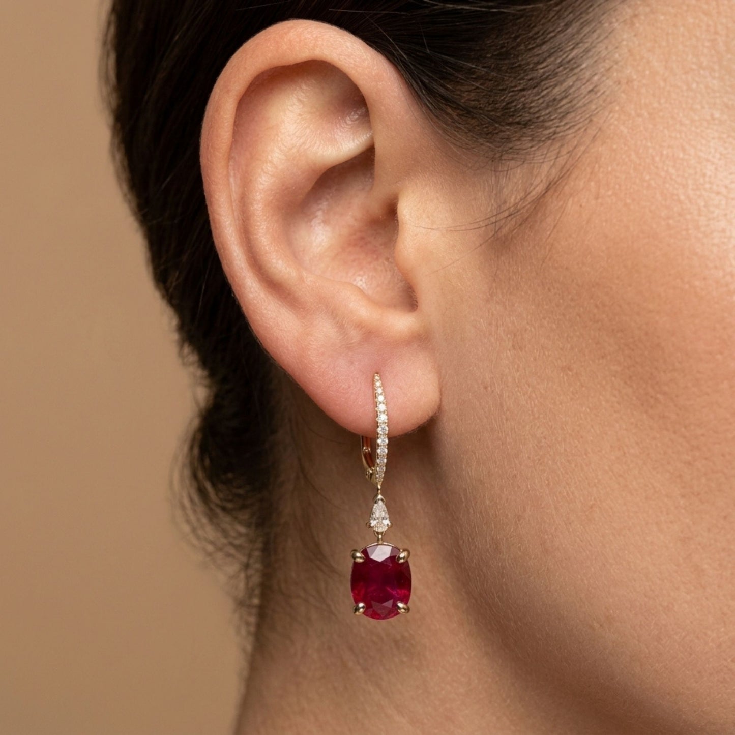 18K 3.59cttw Oval Burma Ruby 0.32cttw White Diamonds Drop Earrings