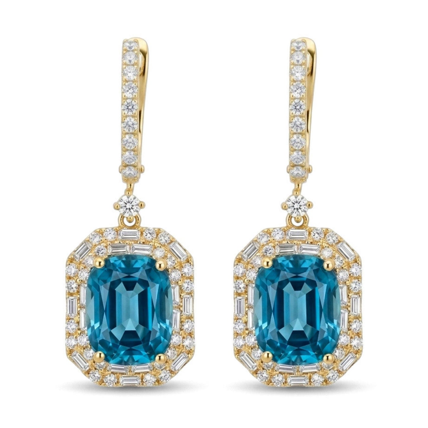18K 5.15cttw Cushion Blue Zircon 0.62cttw VS White Diamonds Drop Earrings