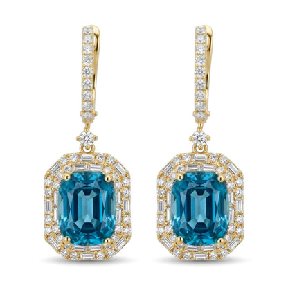18K 5.15cttw Cushion Blue Zircon 0.62cttw VS White Diamonds Drop Earrings