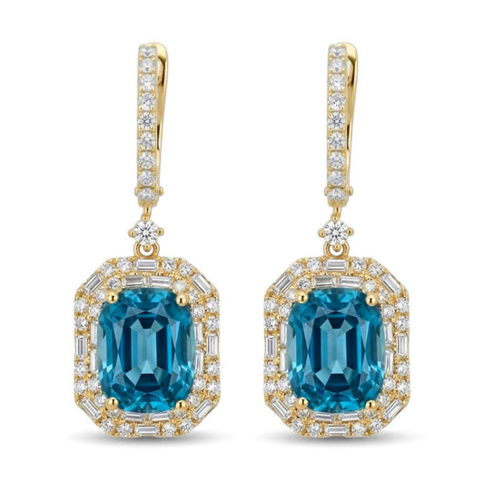 18K 5.15cttw Cushion Blue Zircon 0.62cttw VS White Diamonds Drop Earrings