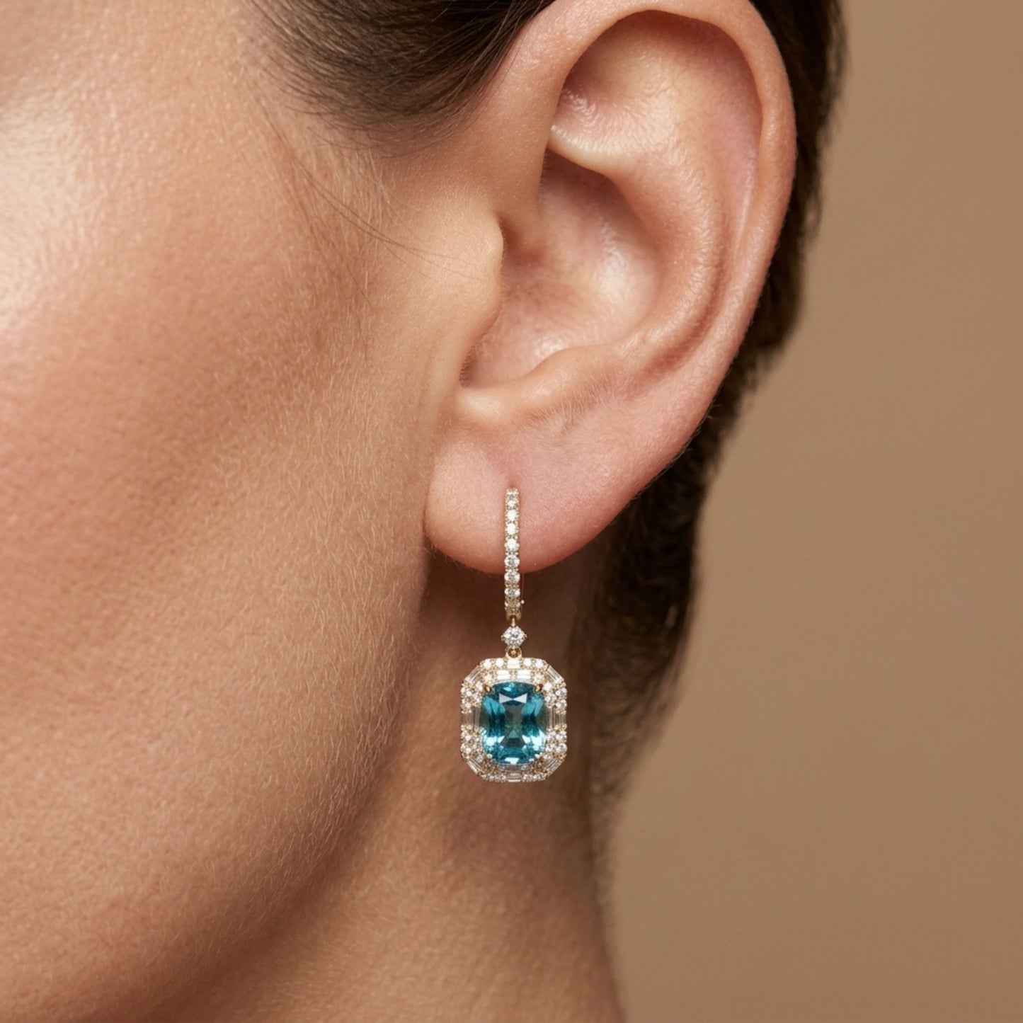 18K 5.15cttw Cushion Blue Zircon 0.62cttw VS White Diamonds Drop Earrings