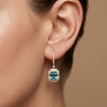 18K 5.15cttw Cushion Blue Zircon 0.62cttw VS White Diamonds Drop Earrings